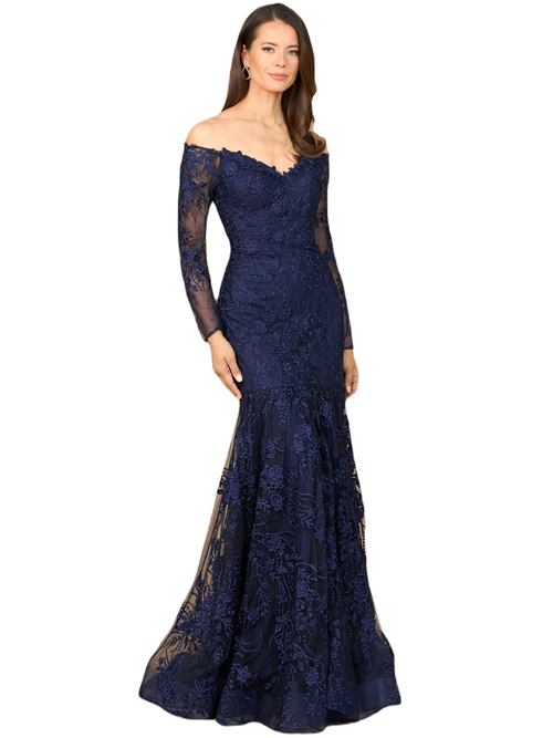 Lara New York Off Shoulder Long Sleeve Mermaid Gown In Navy