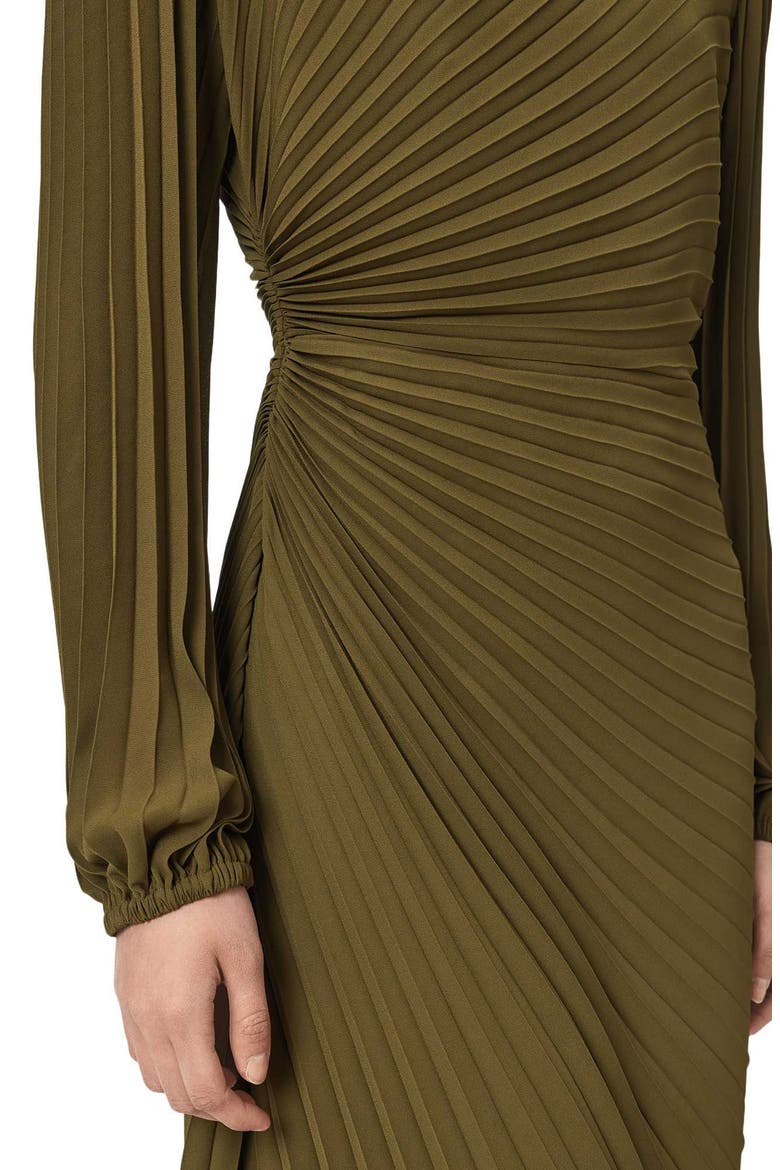 Milena Pleated Long Sleeve Asymmetric Dress, Alternate, color, OLIVE KHAKI GREEN