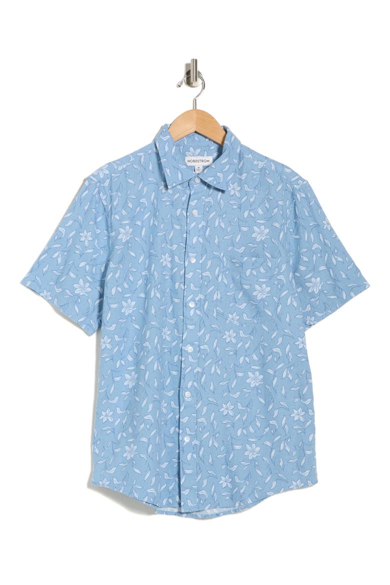 Leaf Short Sleeve Linen Blend Button-Up Shirt, Alternate, color, BLUE LINEWORK LEAVES