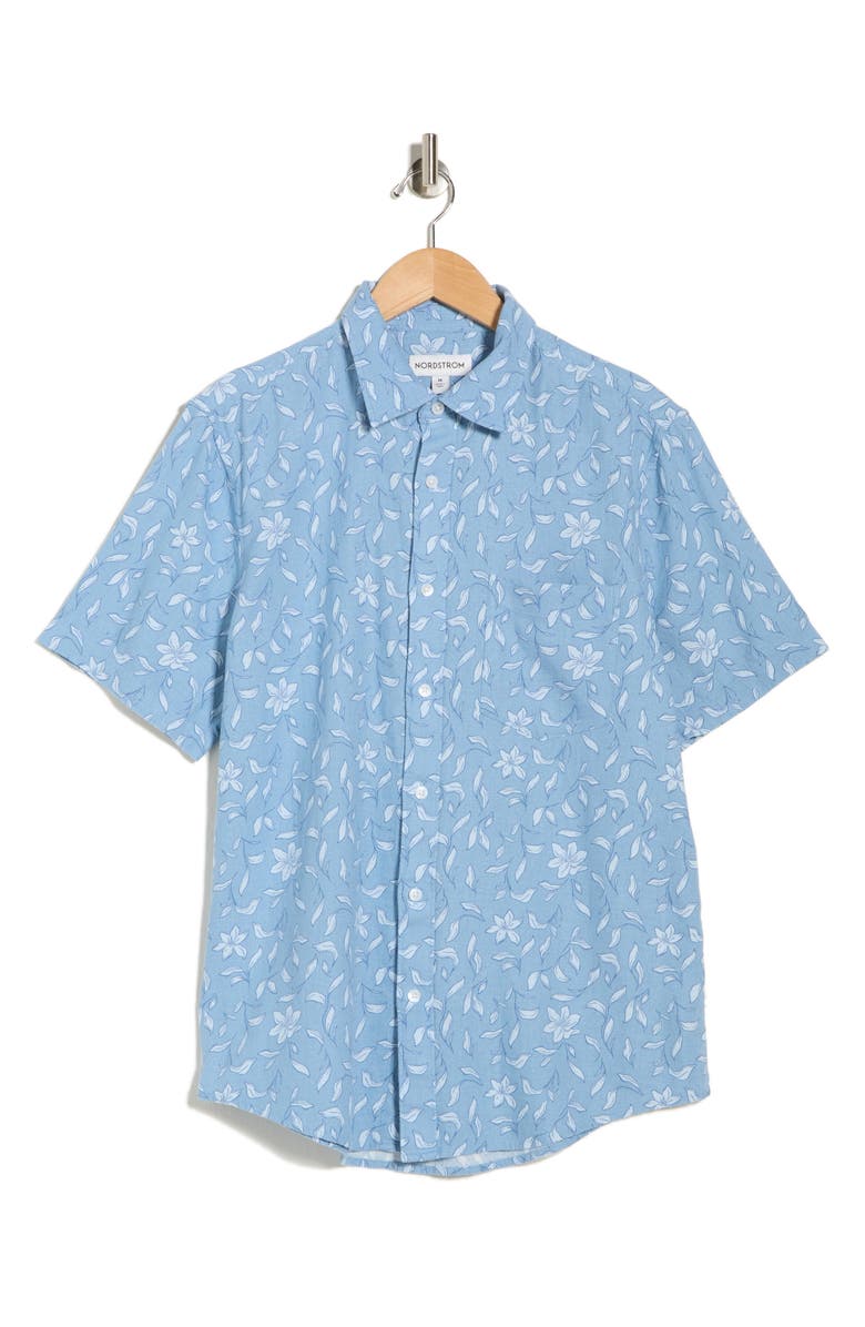 Nordstrom Leaf Short Sleeve Linen Blend Button-Up Shirt, Alternate, color, Blue Linework Leaves