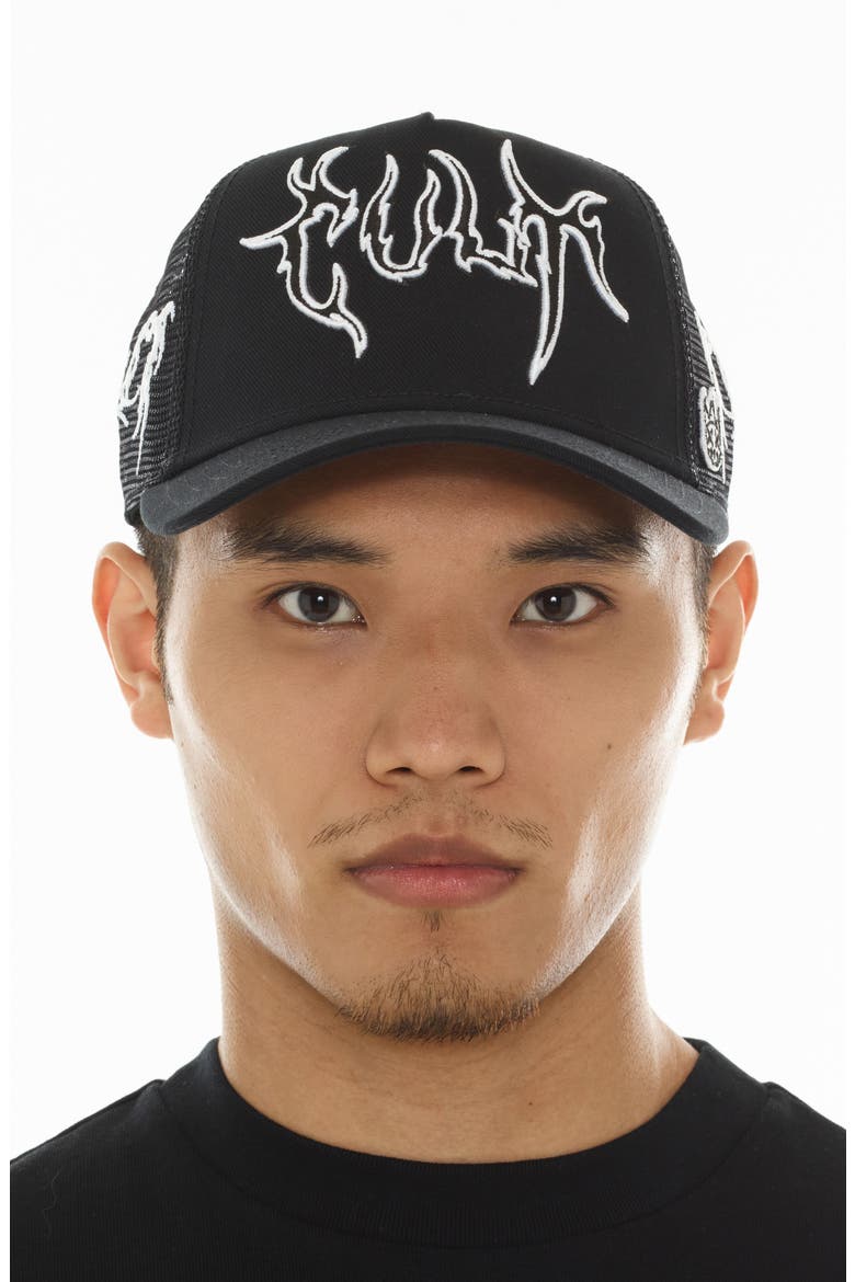 Raven Logo Trucker Hat, Alternate, color, BLACK