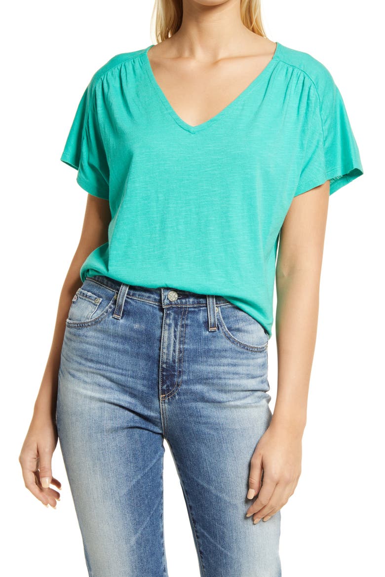 Gathered V-Neck T-Shirt, Main, color, GREEN MARINE