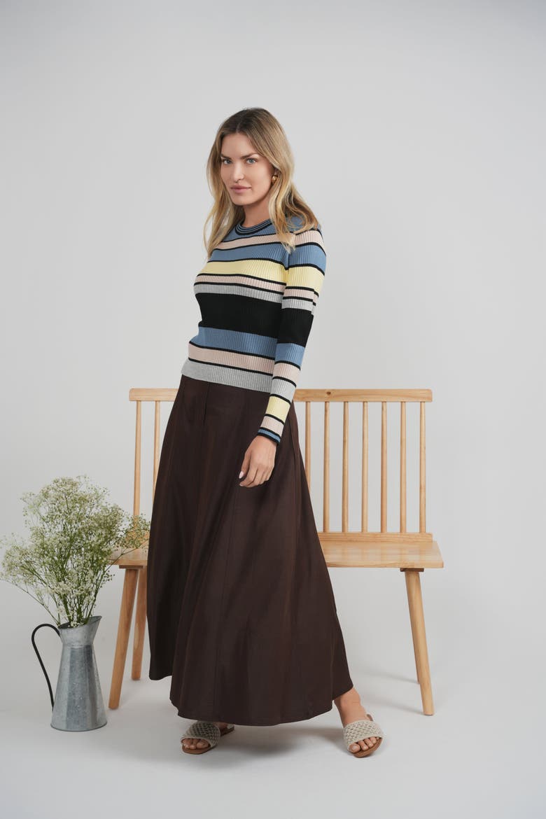 Multi Stripe Embroidered Sleeve Lightweight Knit Sweater, Alternate, color, Navy/Multi
