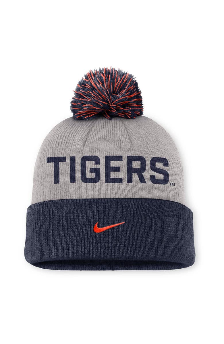 Nike Men's Nike Gray/Navy Auburn Tigers Primetime Peak Cuffed Knit Hat with Pom, Alternate, color, Gray