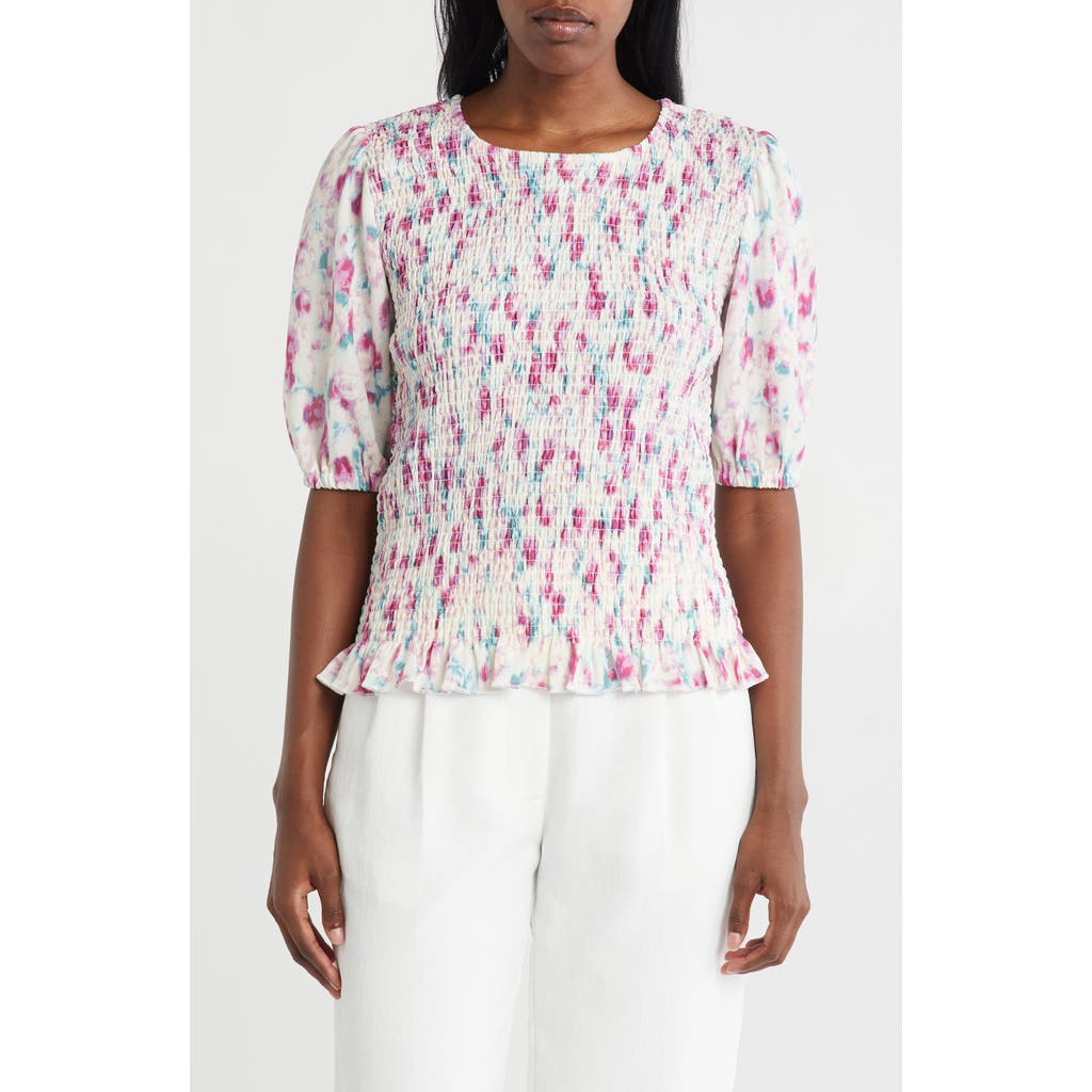 Bobeau Floral Puff Sleeve Smocked Top In Neutral