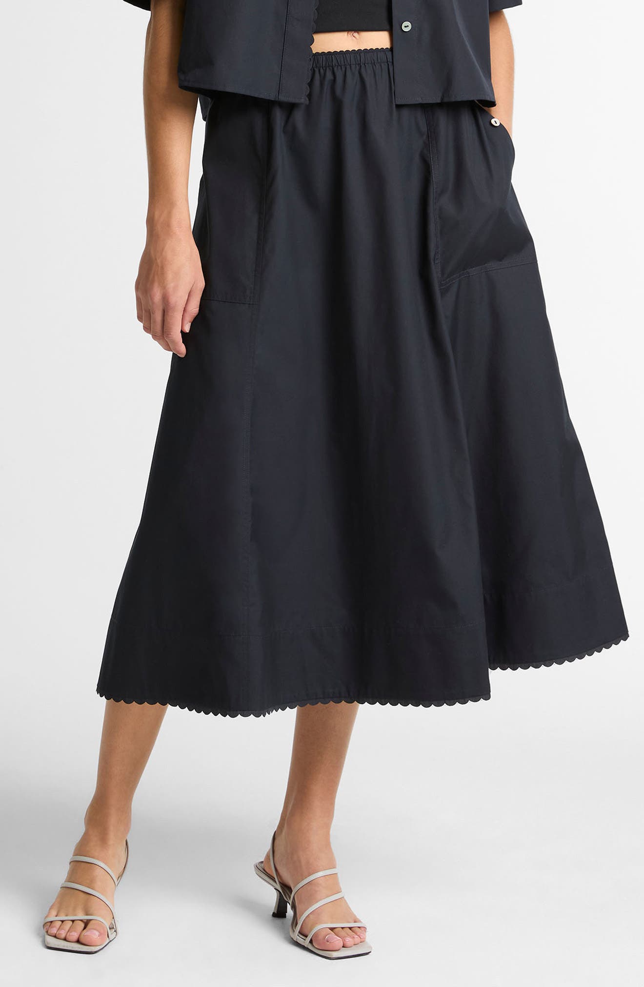 Scallop Hem A-Line Cotton Midi Skirt