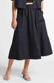 Vince Scallop Hem A-Line Cotton Midi Skirt