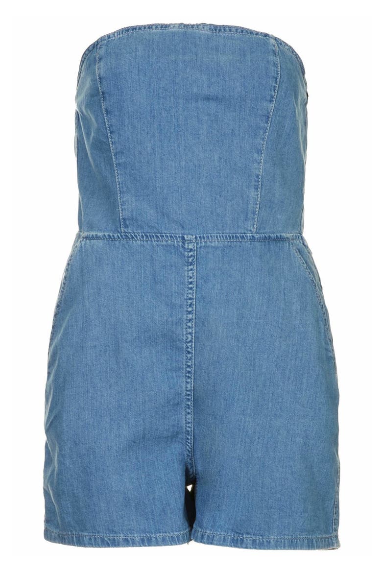 Moto Bandeau Denim Romper, Alternate, color, LIGHT DENIM