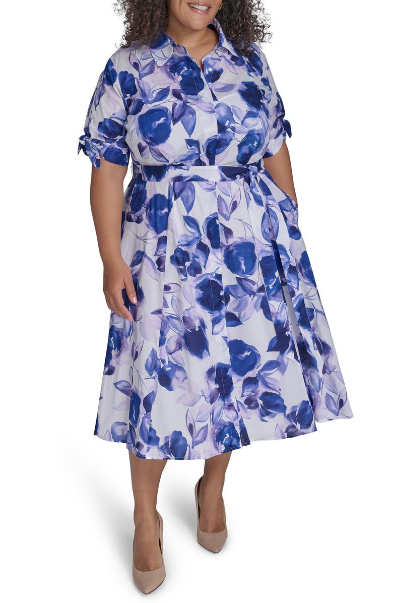 Calvin Klein Floral Tie Short Sleeve Cotton Shirtdress, Main, color, Opal Multi