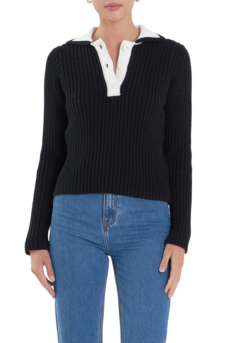 Colorblock Long Sleeve Cotton Rib Polo, Main, color, BLACK