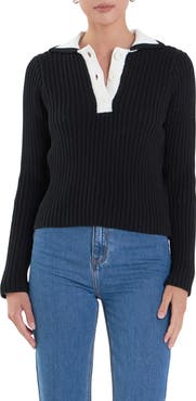 English Factory Colorblock Long Sleeve Cotton Rib Polo
