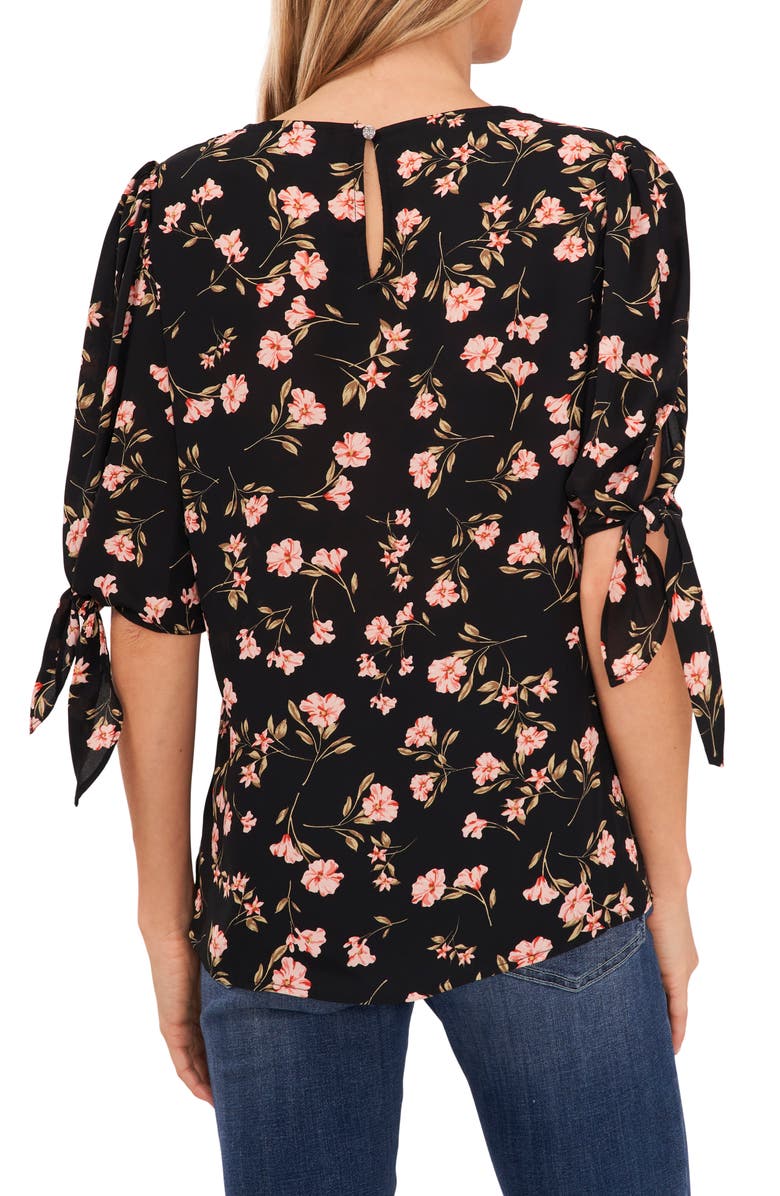 CeCe Floral Print Tie Sleeve Blouse, Alternate, color, 
