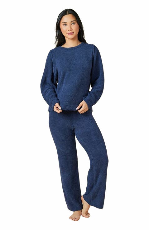 Solid Marshmallow Reverse Seam Crew Neck Lounge Set with Bracelet Sleeve