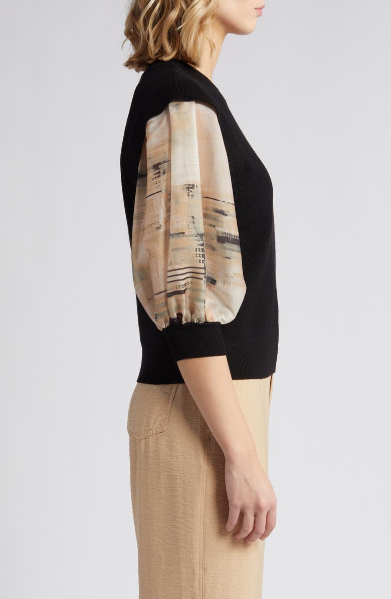 DKNY Organza Sleeve Mixed Media Sweater, Alternate, color, Black/ Ivory/ Sandalwood Multi