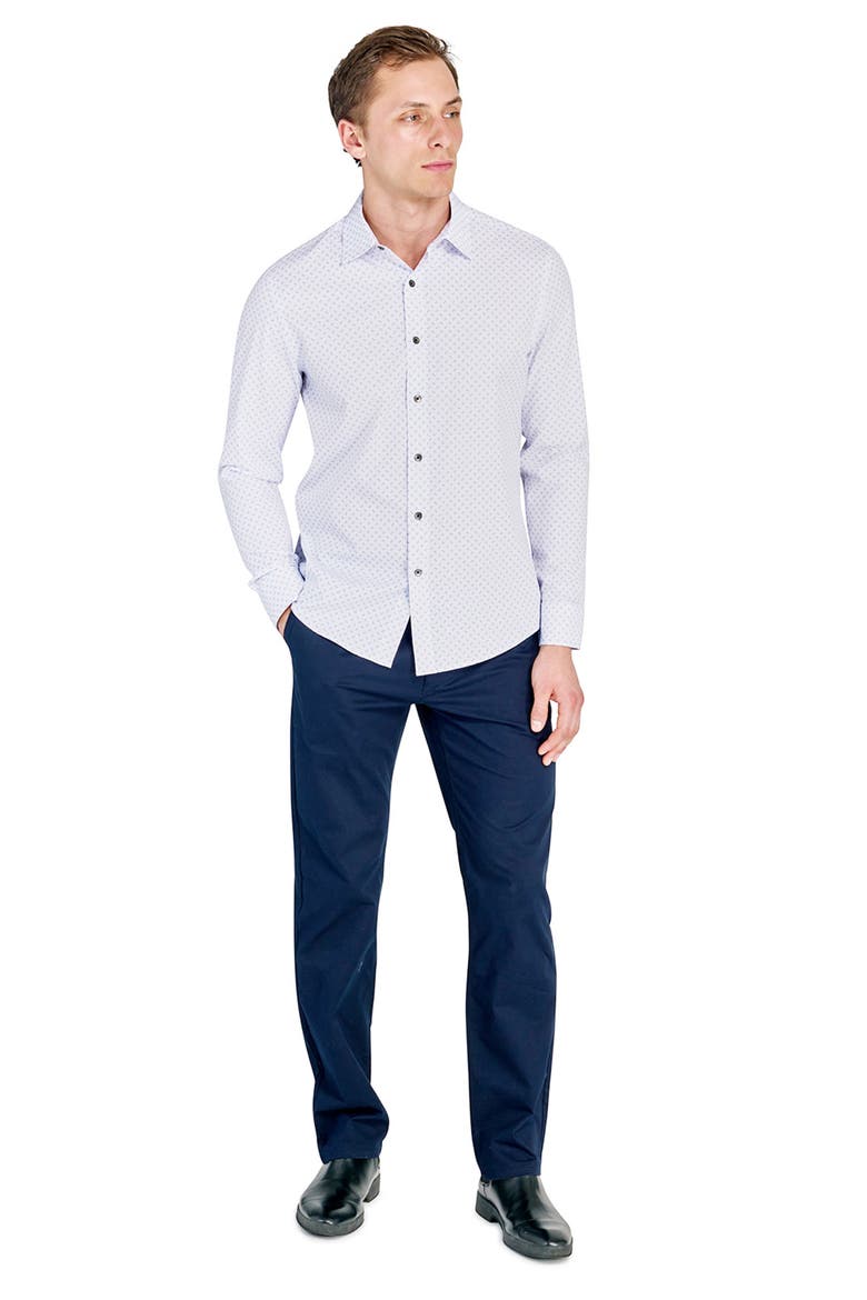 Trim Fit Abstract Square Print Performance Button-Up Shirt, Alternate, color, BLUE