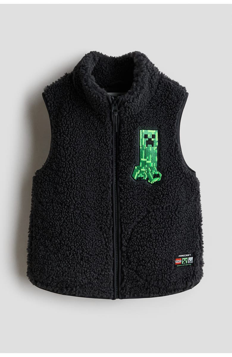 H&M Motif-detail Teddy Gilet, Main, color, Black/Minecraft