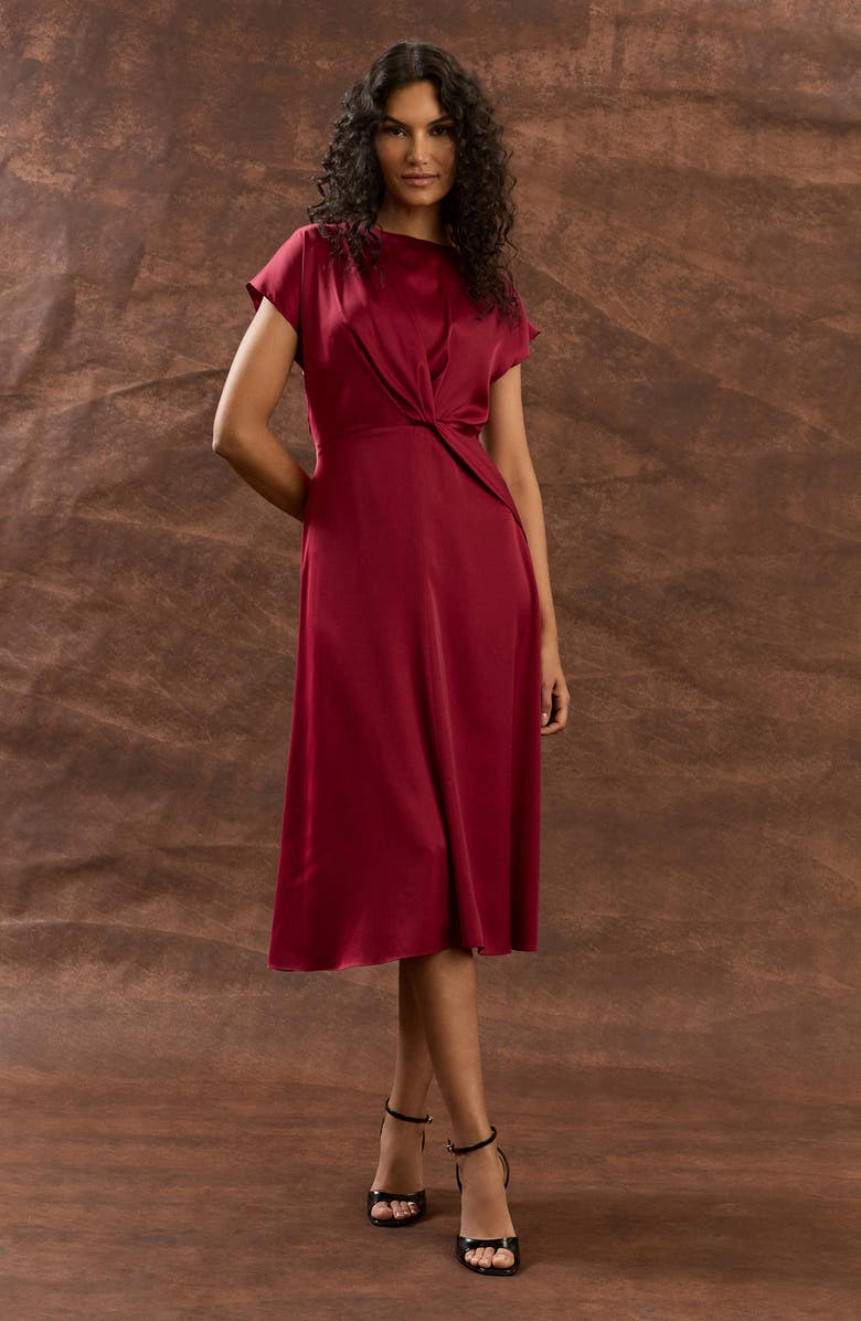 Maggy London Twist Front Cap Sleeve Stretch Satin Dress, Alternate, color, Tibetan Red
