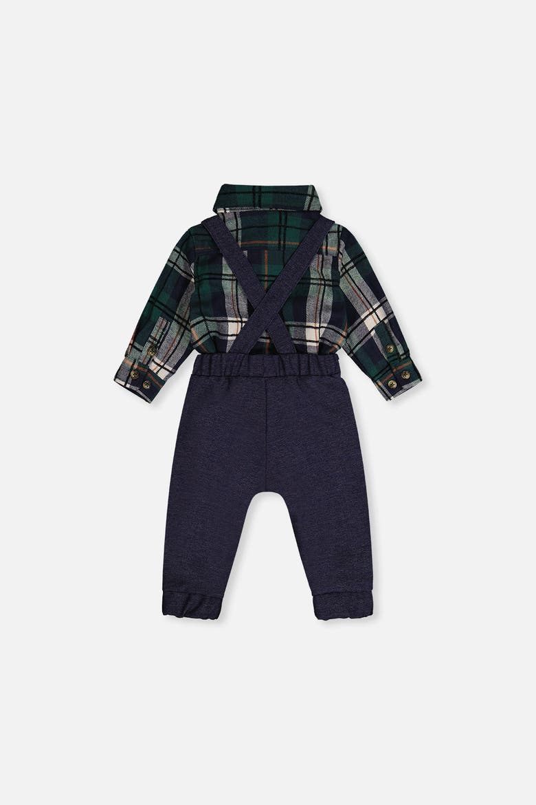 Button Front Bodysuit Suspender Pants Top & Pants Set, Alternate, color, Blue and Green Checks