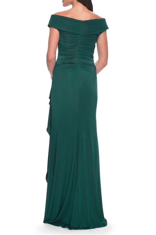 La Femme Long Luxurious Jersey Off The Shoulder Evening Gown In Dark Emerald