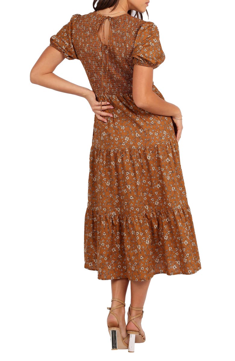 Petal & Pup Naura Tiered Cotton Midi Dress, Alternate, color, Cognac Floral