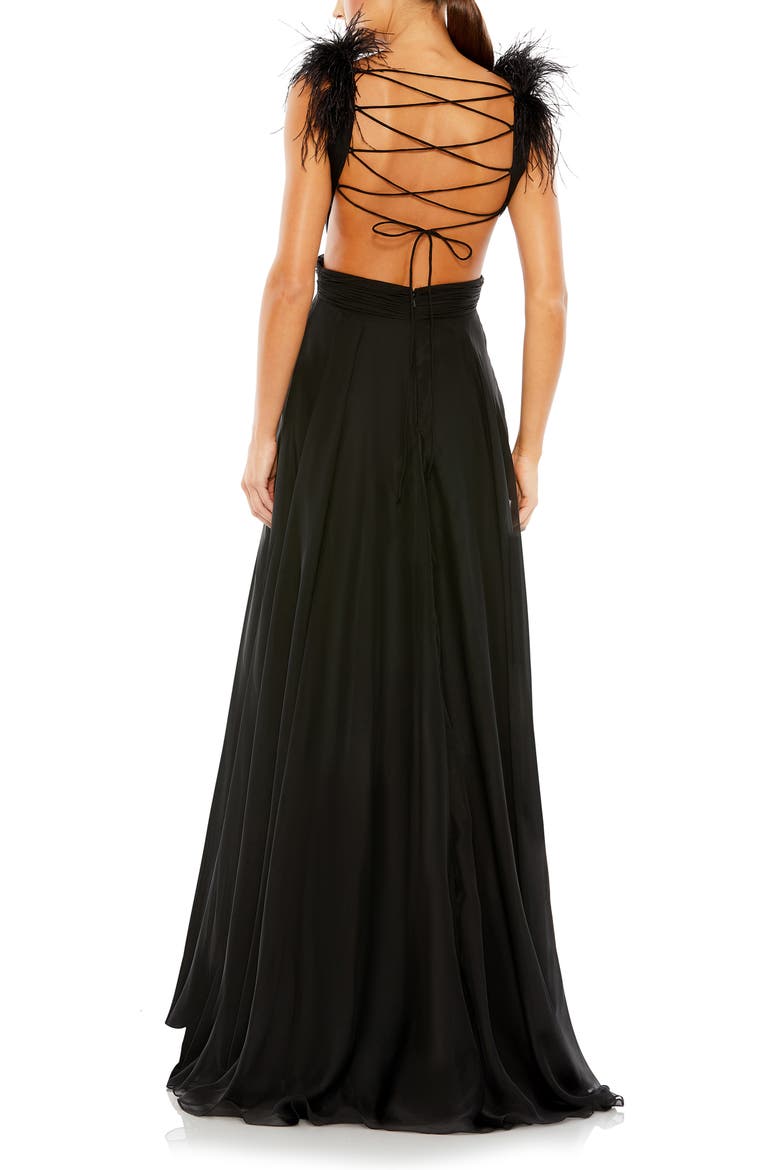 Feather-Trim Plunge A-Line Gown, Alternate, color, BLACK