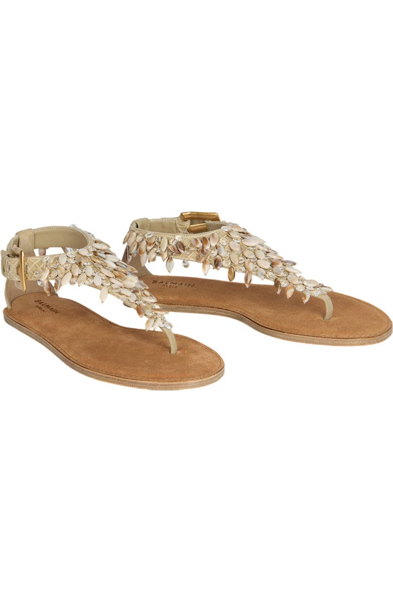 Balmain Flat sandals in suede, cotton and beads, Main, color, Beige