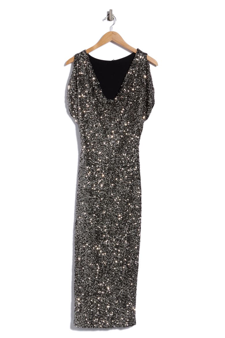 Rumia Sequined Cowl Neck Midi Dress, Main, color, SILVER 2-TONE