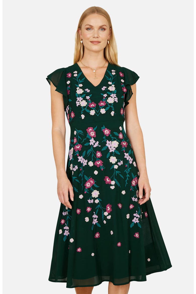 Floral Embroidered V-Neck Midi Dress, Alternate, color, Green