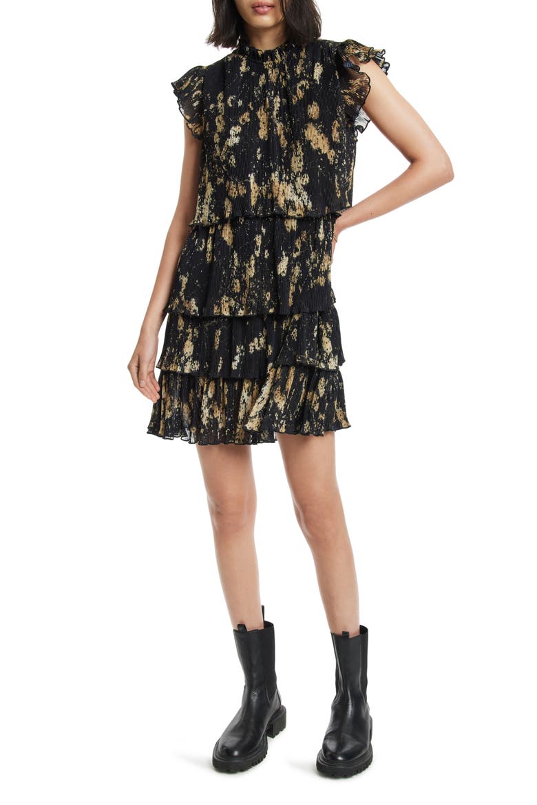 Antheia Tiered Plissé Dress, Main, color, BLACK GOLD
