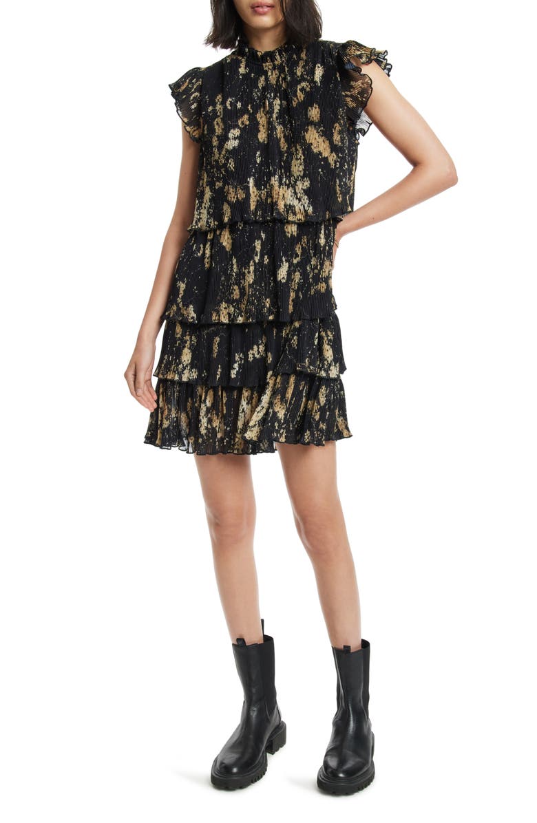 AllSaints Antheia Tiered Plissé Dress, Main, color,