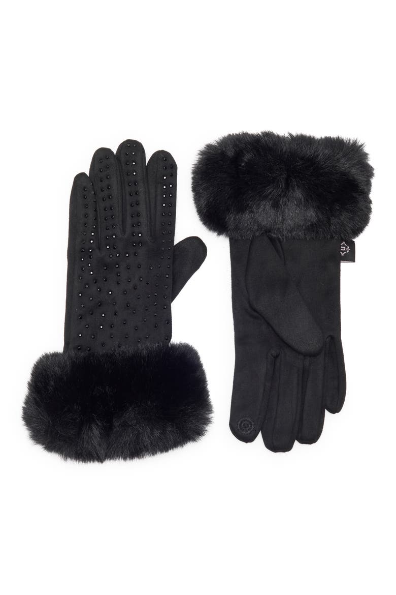 Plush Faux Fur Cuff Tech Gloves, Main, color, BLACK