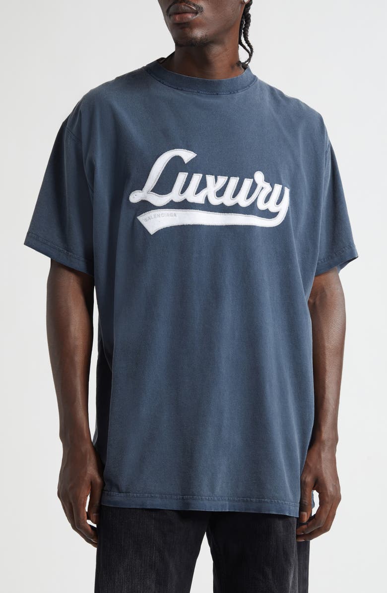 Balenciaga Medium Fit Luxury Cotton T-Shirt, Main, color, 8593 Washed Navy/ White