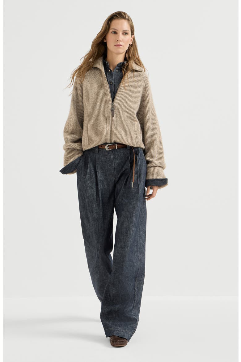 Sparkling no-fade denim loose curved trousers with monili, Alternate, color, Denim