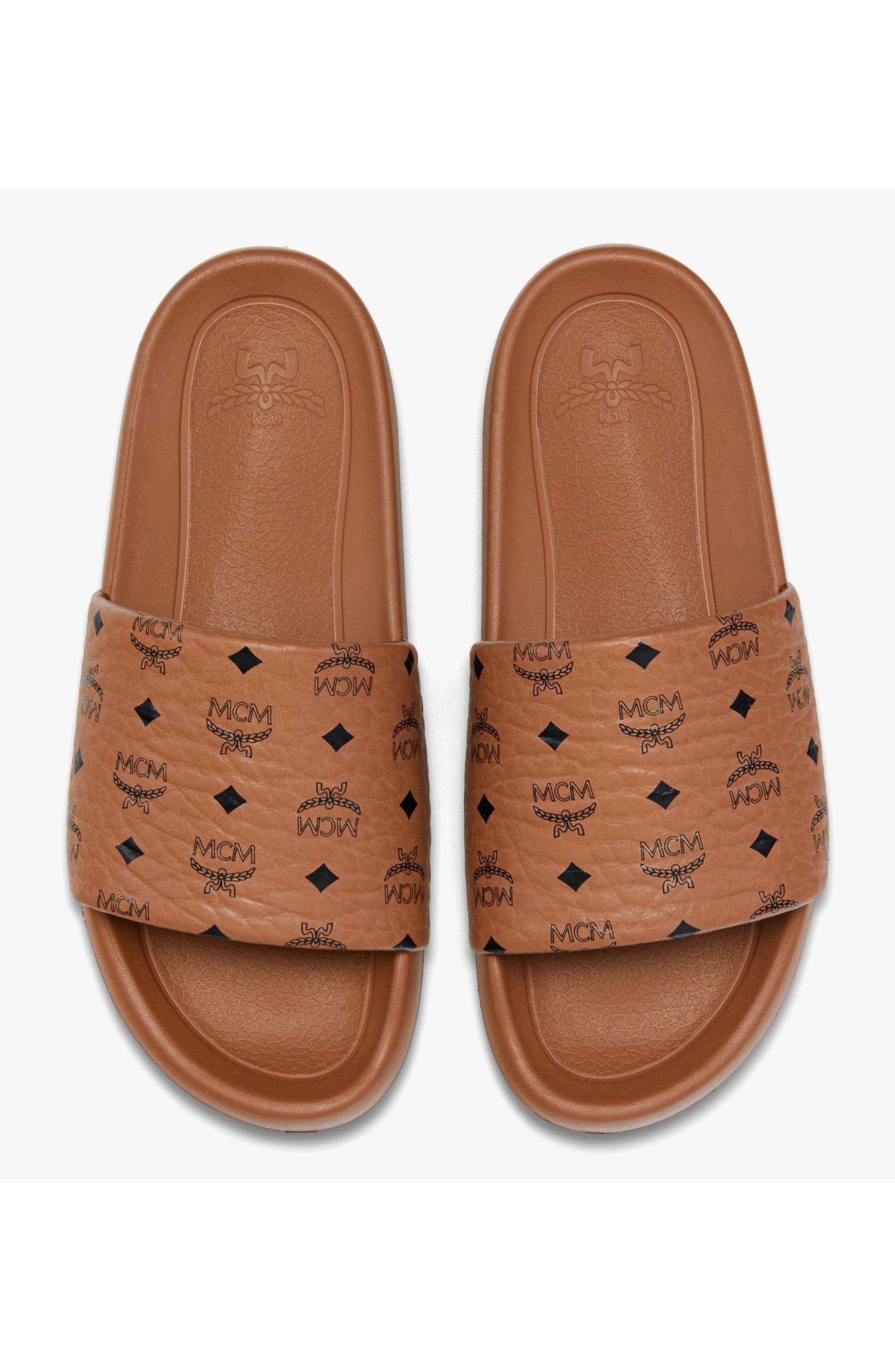 MCM Men's Monogram Print Rubber Slides, Alternate, color, Cognac