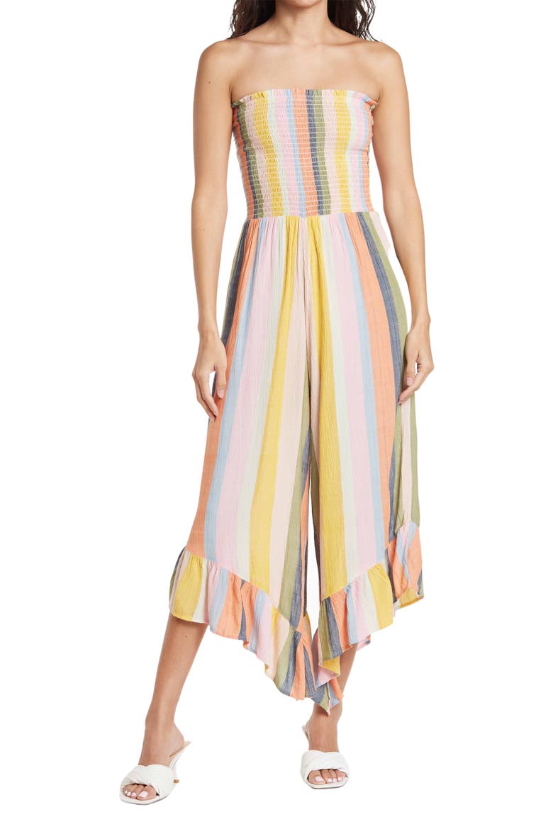 Smocked Bodice Angled Hem Strapless Jumpsuit, Main, color, MULTI