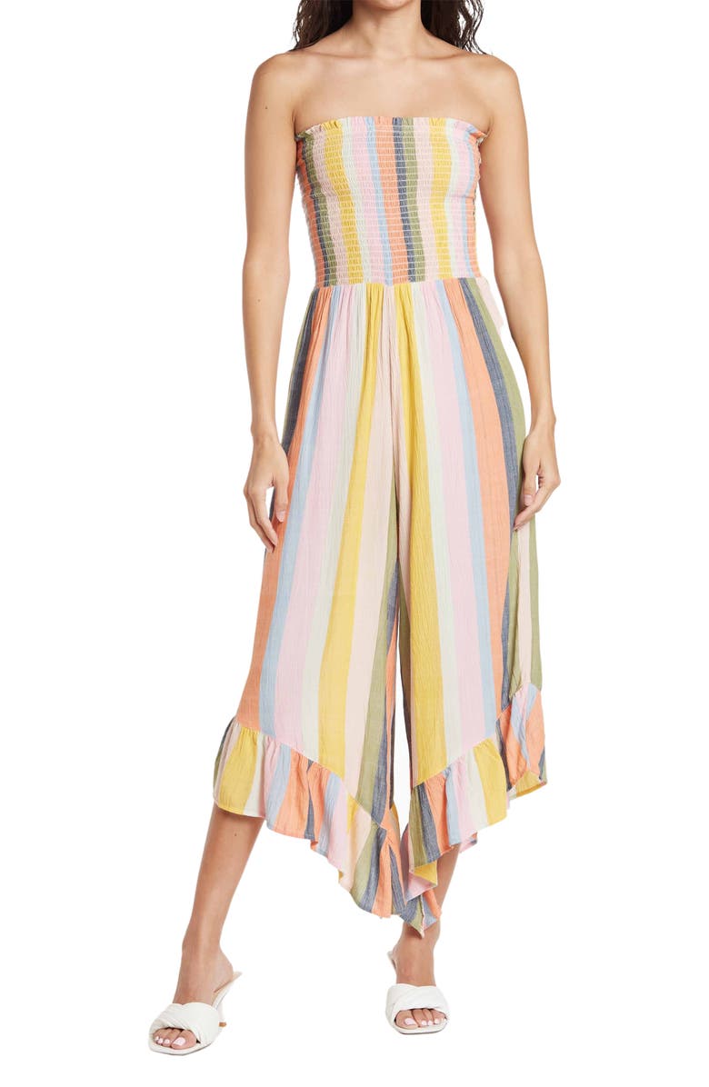 Angie Smocked Bodice Angled Hem Strapless Jumpsuit, Main, color,