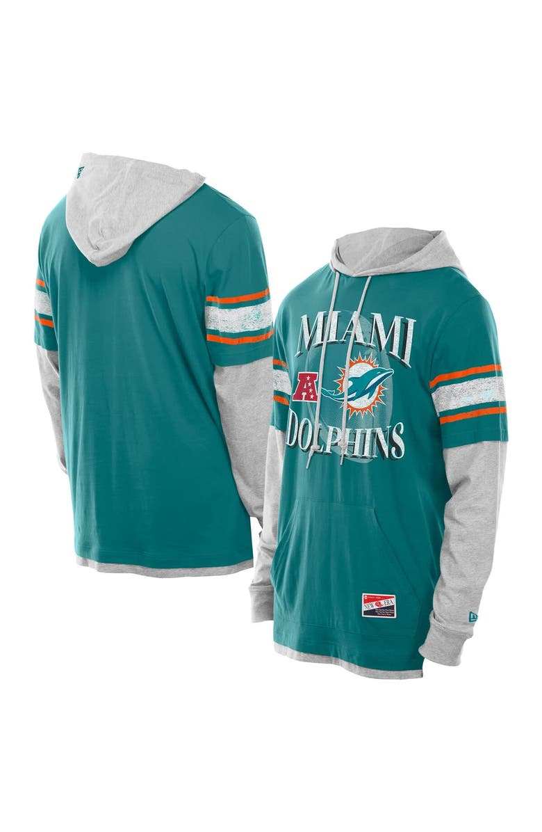 New Era Men's New Era Aqua Miami Dolphins Twofer Layered Long Sleeve Hoodie T-Shirt, Main, color, Aqua