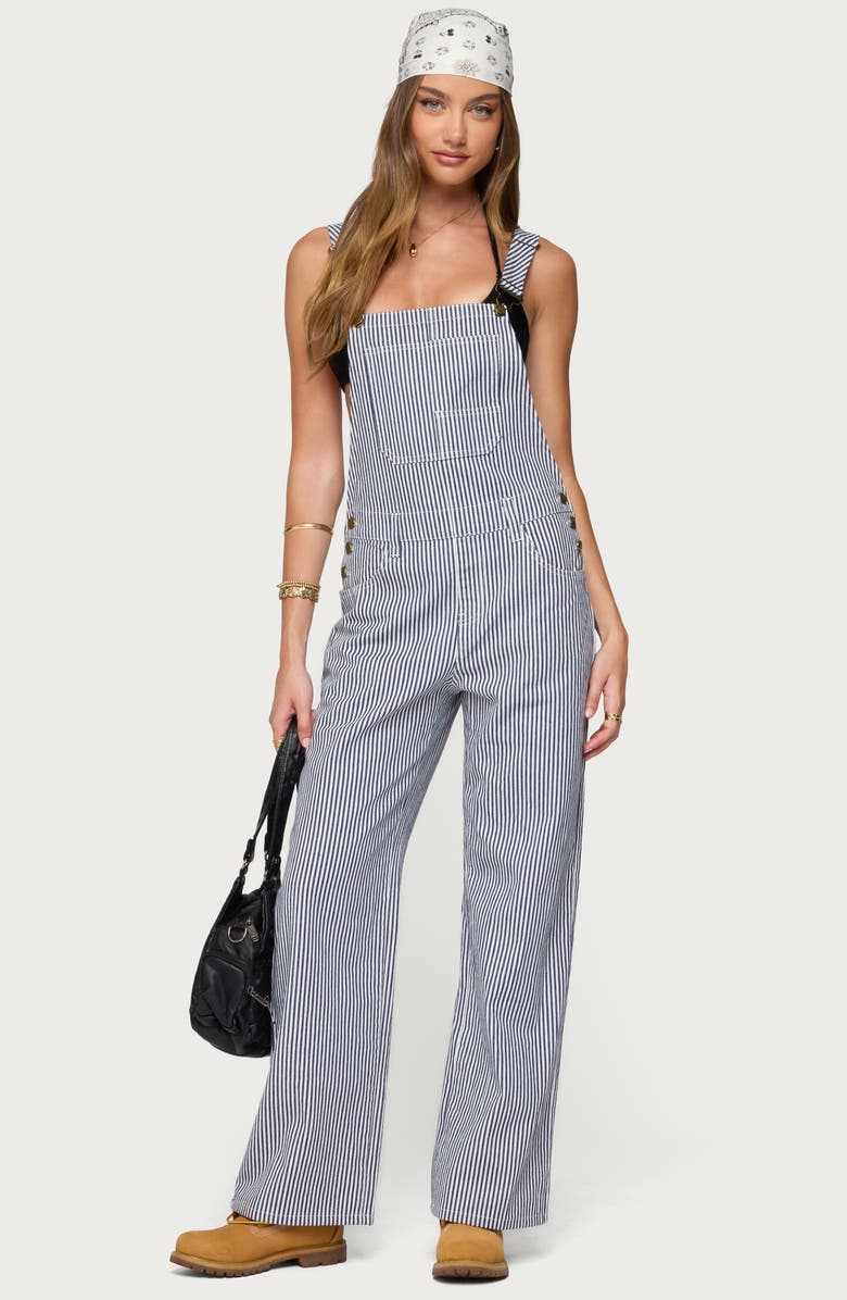 EDIKTED Tamsin Stripe Denim Overalls, Alternate, color, Navy-And-White