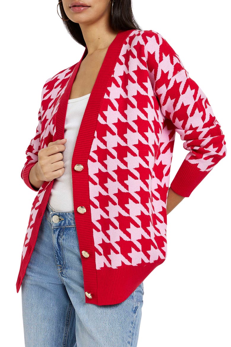 Houndstooth V-Neck Cardigan, Alternate, color, RED