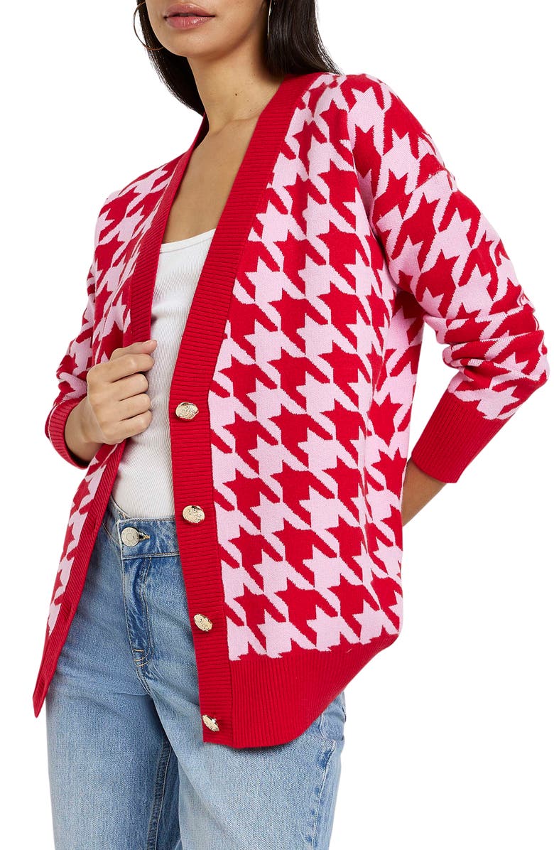 River Island Houndstooth V-Neck Cardigan, Alternate, color,