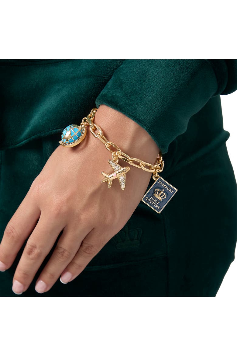 Travel Icons Charm Bracelet, Gold-Tone with Blue & Pink Enamel, Alternate, color, Gold Tone