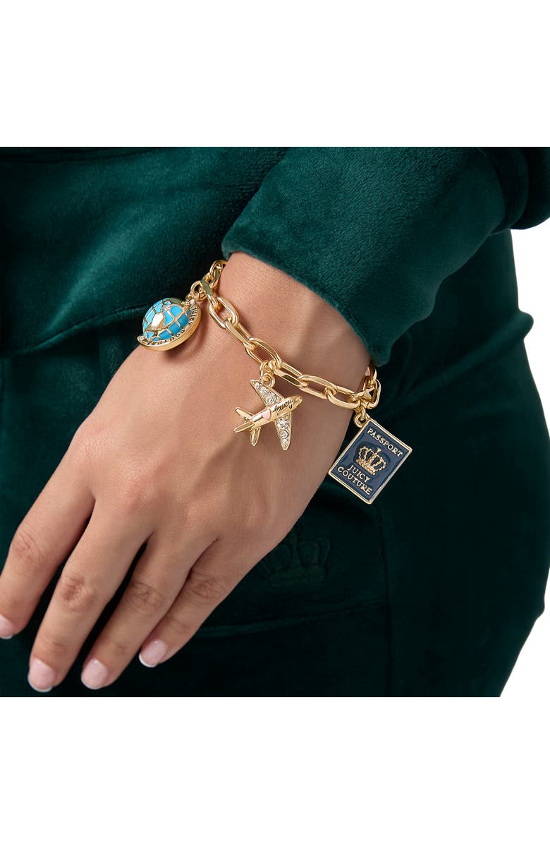 Juicy Couture Travel Icons Charm Bracelet, Gold-Tone with Blue & Pink Enamel, Alternate, color, Gold Tone