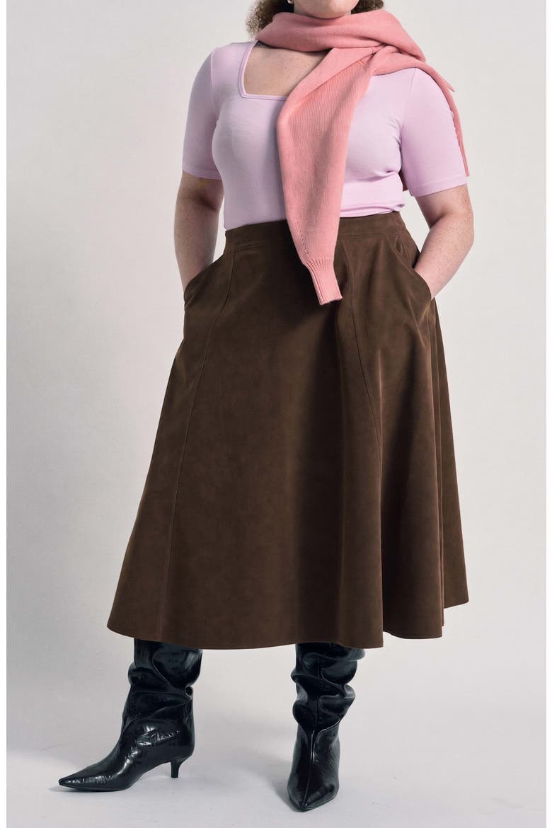 Abi Faux Suede Midi Skirt, Alternate, color, COFFEE