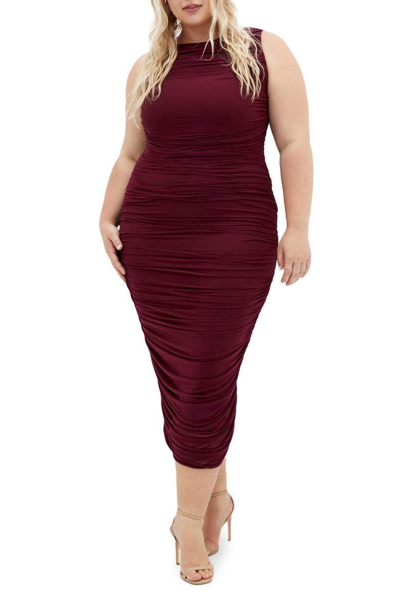 Halo Sleeveless Ruched Mesh Dress, Main, color, DARK CHERRY