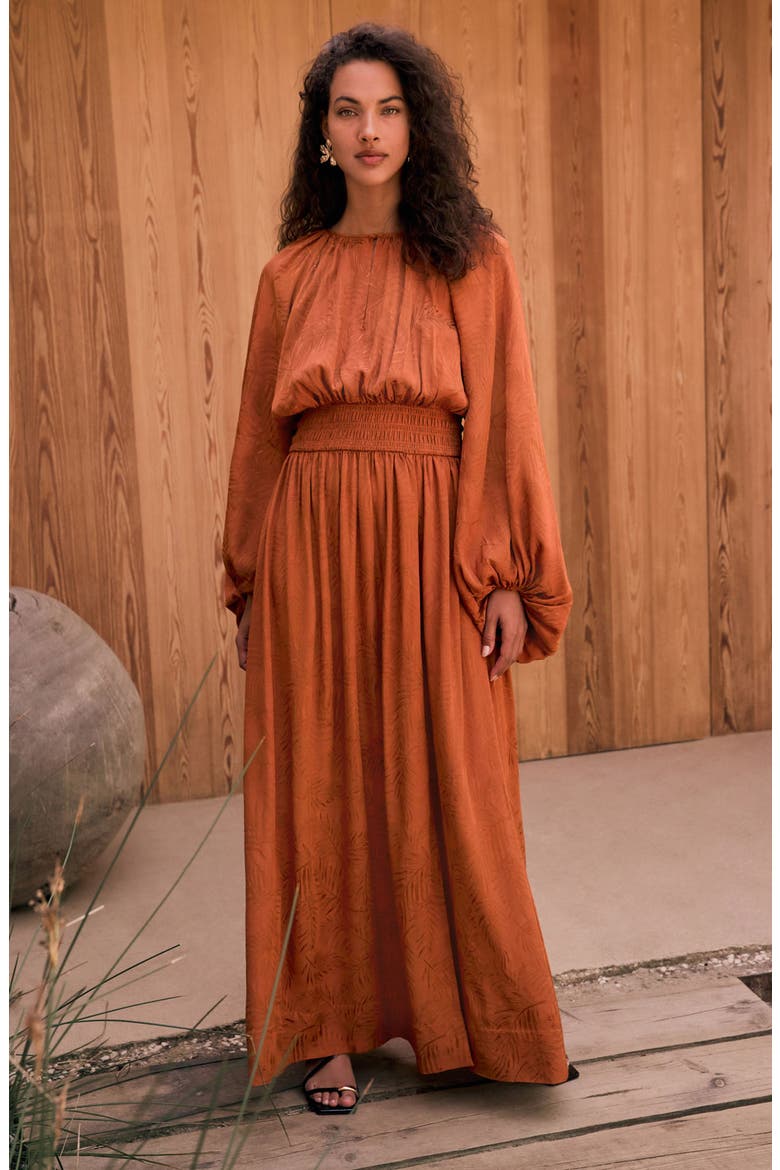 Tonal Jacquard Long Sleeve Maxi Dress, Alternate, color, ORANGE