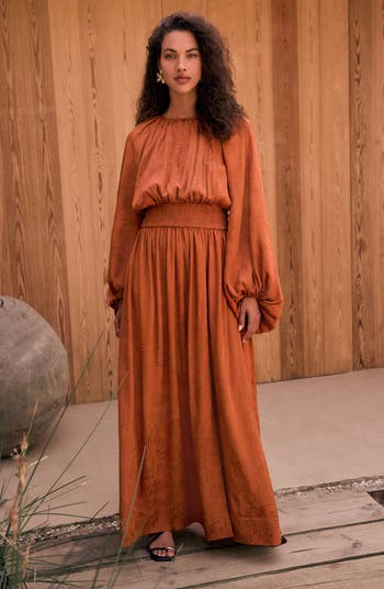 Tonal Jacquard Long Sleeve Maxi Dress