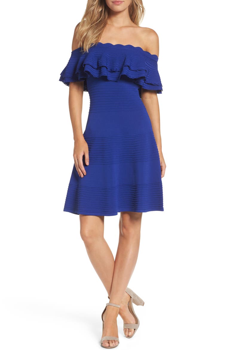 Off the Shoulder Fit & Flare Dress, Main, color, COBALT