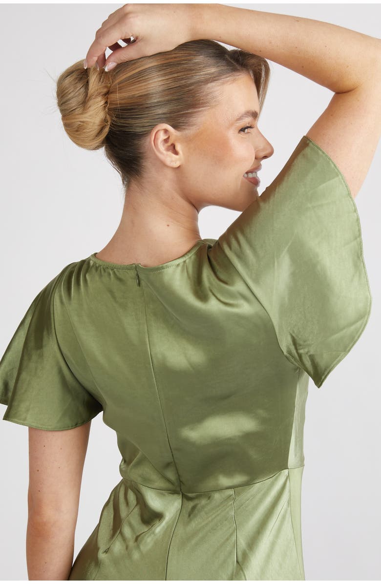 Six Stories Flutter Sleeve Satin Bridesmaid Dress, Alternate, color, Moss Green