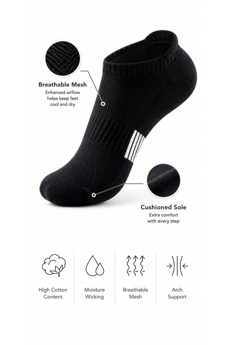 Cushioned Performance Athletic Ankle Socks 5-Pack, Alternate, color, Black