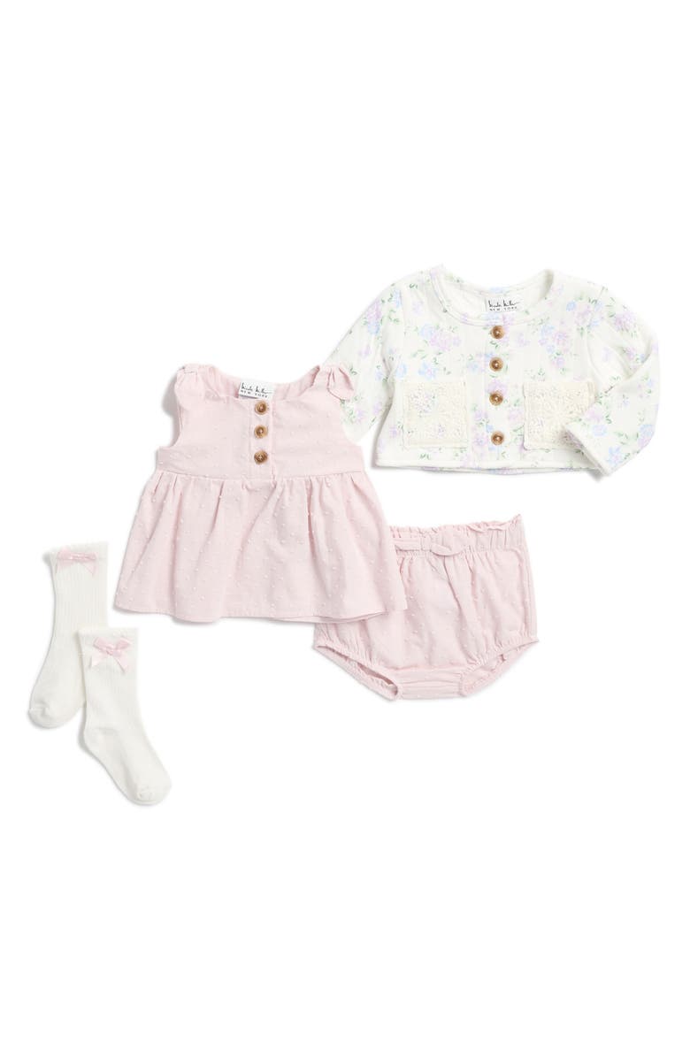 Nicole Miller Floral Cardigan, Dress, Bloomers & Socks Set, Main, color, 